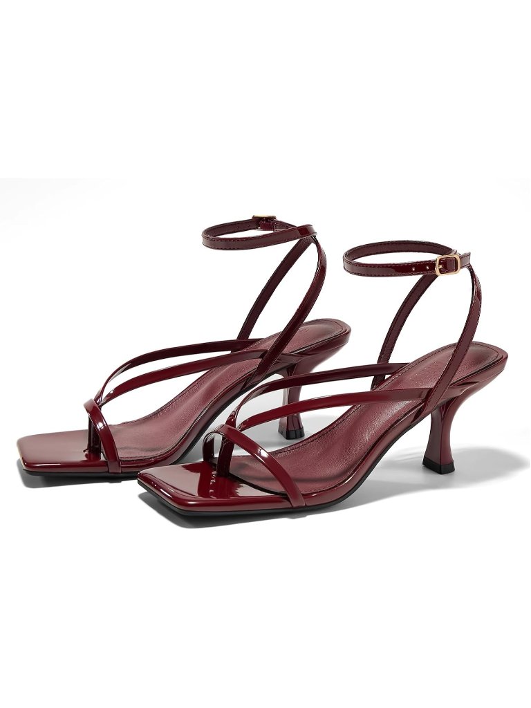 Women's Burgundy Lace Up Sandal Square Toe Flip Flop Kitten Heel Ankle Strap
